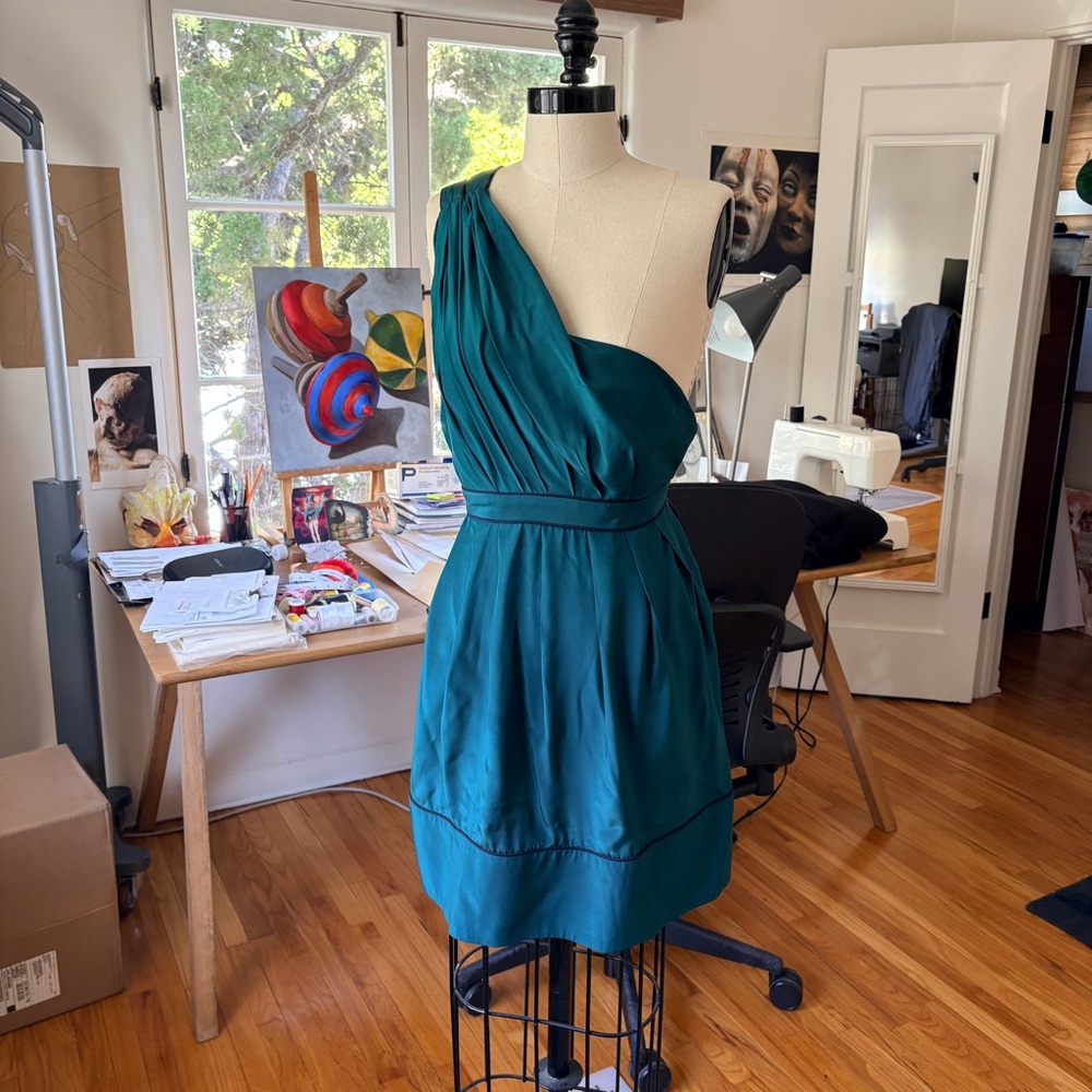 Thread Social Green Silk One-Shoulder Dress
